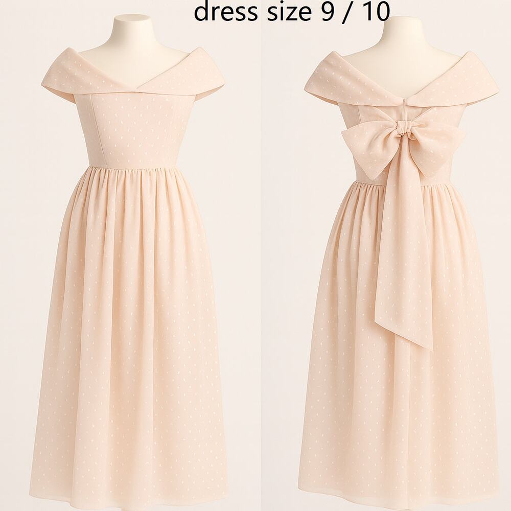 Vintage Cachet Bari Protas Blush Swiss Dot Off-Shoulder Dress Oversized Bow 9 10